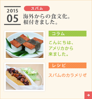 2015/05【スパム】海外からの食文化。根付きました。【コラム】こんにちは、アメリカから来ました。【レシピ】スパムのカラメリゼ　