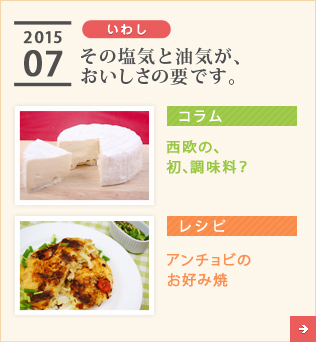 2015/07【いわし】その塩気と油気が、おいしさの要です。【コラム】西欧の、初、調味料？【レシピ】アンチョビのお好み焼