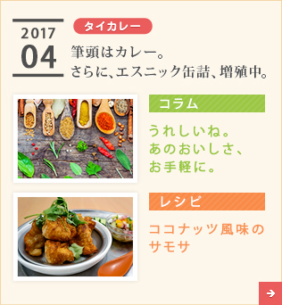 2017/04【タイカレー】筆頭はカレー。さらに、エスニック缶詰、増殖中。【コラム】うれしいね。あのおいしさ、お手軽に。【レシピ】ココナッツ風味のサモサ