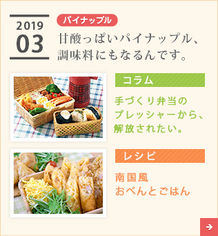 2019/03【パイナップル】甘酸っぱいパイナップル、調味料にもなるんです。【コラム】手づくり弁当のプレッシャーから、解放されたい。【レシピ】南国風・おべんとごはん